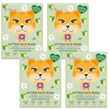 7th Heaven Kitten Face Mask Gift Set with 4 kids face masks for sensitive skin. Hydrating and moisturising sheet masks with chamomile and aloe vera, for children aged 8+, cruelty-free. - Childrens