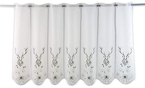 Clever-Kauf-24 Scheibengardine Landhaus Hirsch Bestickt Bistrogardine Höhe 60cm (Breite 139cm)