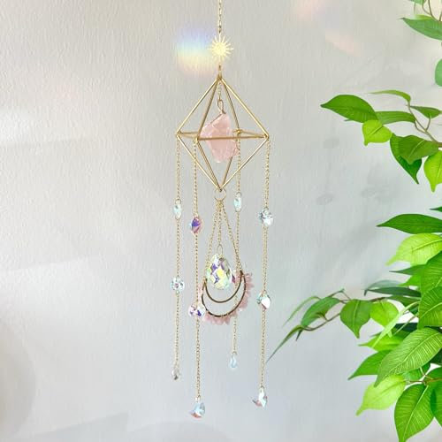 Crystal Suncatcher Rose Quartz, Spiritual, Sun Catcher Hanging for Windows, Rainbow Maker, Crystal Indoor Garden Home Decor, Natural Gemstone Boho Decor (Rose Quartz)