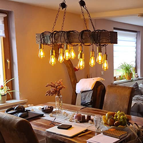 E27 Hängeleuchte Vintage Pendelleuchte Esstisch Industrial Hängelampe Aus Holz 10-Flammige Hängeleuchte Retro Esszimmerlampe Holzbalken Retro Pendellampe Für Wohnzimmer Küche Bar Restaurant 118cm