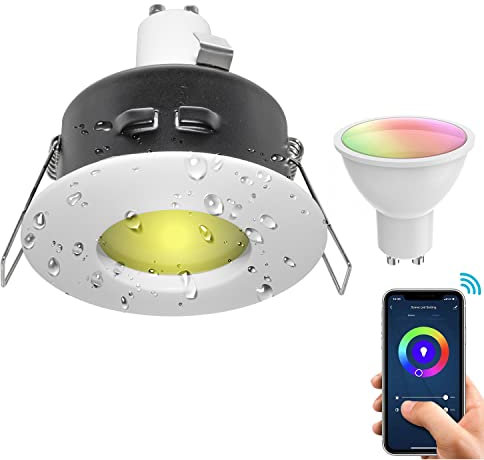 Planetitaly Faretto incasso IP65 SMART WiFi controllo vocale 5W GU10 RGB CCT da 2700K a 6500K cromoterapia luci box doccia 230V (Colore Bianco)