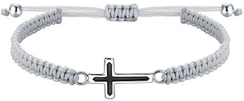 J.Endéar Kreuz Armband für Damen, Silber 925 Handgefertigtes Filigranes Armband Verstellbare Kordel Schmuck Kommunion Geschenk für Mädchen Glücksamulett für Herren Männer, Grau