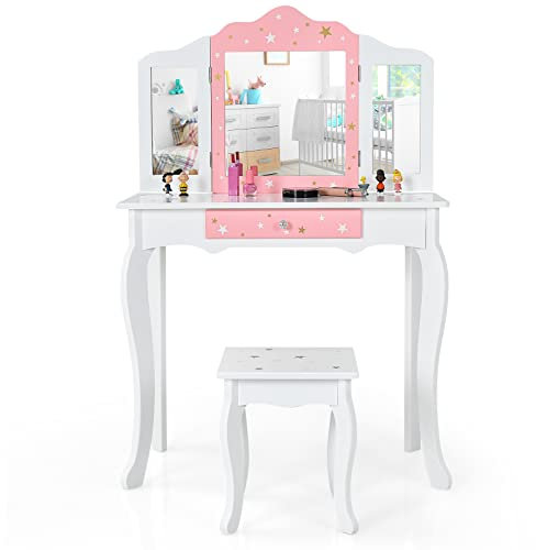 DREAMADE Kinder Schminktisch mit Spiegel & Hocker, Kinderschminktisch aus Holz, Kinderzimmermöbel, Frisiertisch für Mädchen & Jungen (Weiß)