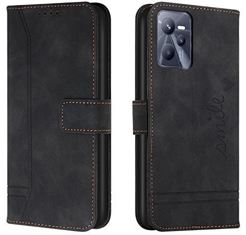 Lihondar Coque pour Oppo Realme C35 / Narzo 50A Prime, Protection Portefeuille Etui à Rabat Housse Premium en Cuir PU avec Antichoc TPU Fermoir Magnétique Flip Pochette Housse (Noir)