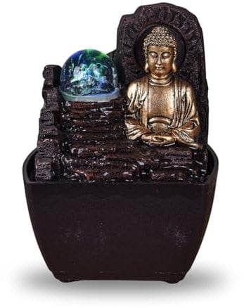Theravada Zen Buddha Indoor Fountain with Colourful LED Light – Zen Spirit Decoration – Lucky Feng Shui – Table Fountain – Smart and Useful Gift Idea – H 18 cm Zen'Light