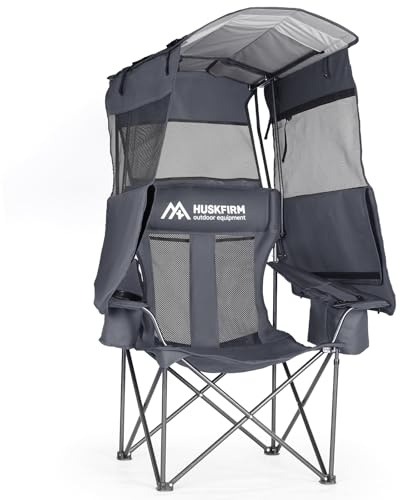 Huskfirm Camping Chair with Canopy Shade - Folding Beach Chair with UPF 50+ Sun Shade, Cup Holder, Side Pocket, Portable Sports Chair for Adults Support 330 LBS, Fishing Camp Outdoor Lawn Chair - Grey