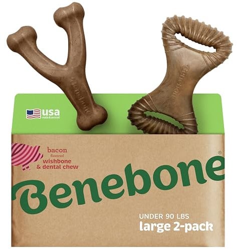 Benebone 2-Pack Indestructible Dental Chew/Wishbone for Aggressive Chewers, Long Lasting Tough Boredom Breaker for Dogs, Real Bacon Flavour, For Large Dogs, Made in the USA.