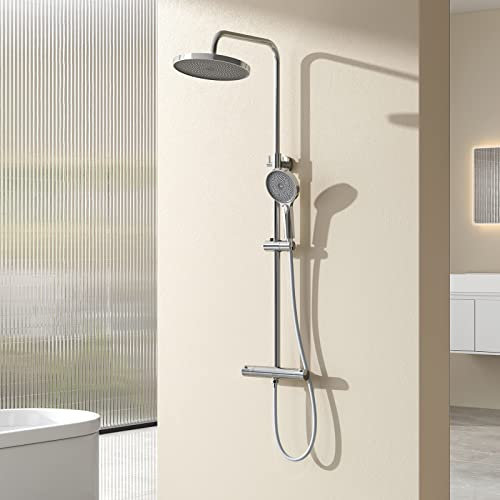 EMKE Duschsystem Duschset mit Theramostat Rund Regendusche und Handbrause,38℃ Thermostat Duschsäuleset, Freie Winkel- und Höhenverstellung Duschset, KTW Zertifizieren, Chrom