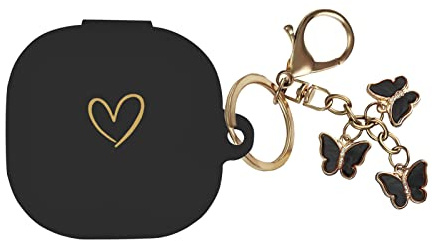 AIIEKZ Compatible with Samsung Galaxy Buds FE/Buds 2 / Buds Pro/Buds Live/Buds 2 Pro, Soft Silicone Case with Gold Heart Pattern with Cute Butterfly Keychain for Girls Women (Black)