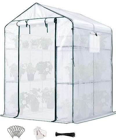 Quictent Foliengewächshaus143x143x195cm,Stabil Gewächshaus Winterfest Treibhaus mit Netztür und Fenster,3 Etagen mit 12 Ablageflächen,Tomatengewächshaus für Garten Balkon,Weiß
