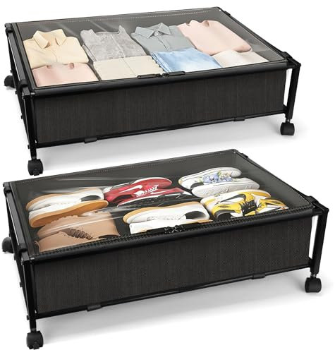 JEPEErbz Under Bed Storage 2 Packs, Drawers With Wheels and Lid for Clothes, Shoes, Blankets, Toys (Black)