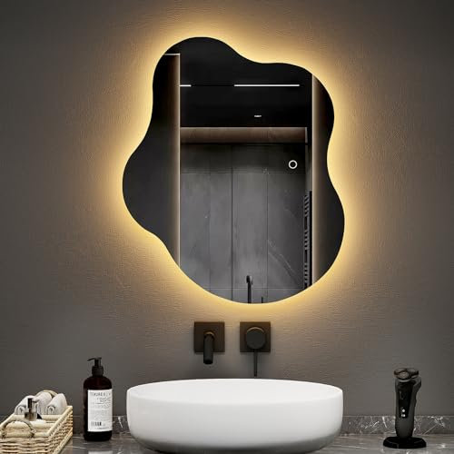 EMKE Badspiegel Mit Beleuchtung 60 x 50 cm - Asymmetrischer LED Spiegel Mit Touch-Schalter, 3 Lichtfarben Dimmbar, Beschlagfrei, IP44 Energiesparend Für Badezimmer