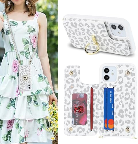 SailorTech iPhone 12/12 Pro Case with Credit Card Holder, iPhone 12 Phone Leather Case Ring Stand with Kickstand Strap Card Slots Wallet Crossbody for iPhone 12 Pro - White Leopard