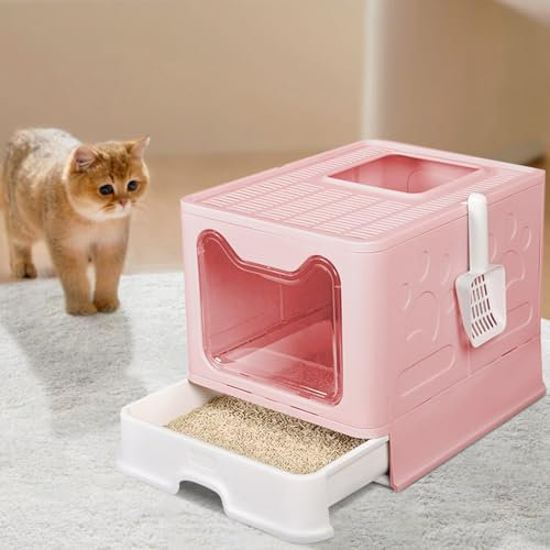 Supfine Bac à Litière pour Chat, Maison de Toilette Pliable avec Couvercle, Bac de Tiroir et Pelle à Litière, Bac Litiere pour Chat Fermé Portable, pour Grands et Petits Chats (Rose, 51x41x38cm)