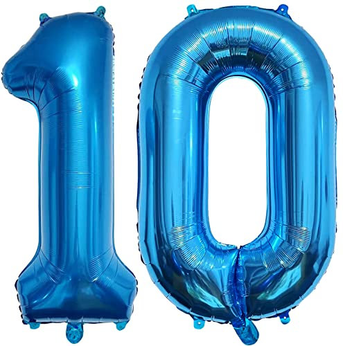 PatiCool Zahlen Luftballon 10 Blau, 100cm - 40 Zoll Luftballons Geburtstag, XXL Riesen Folienballon 10 Blau Geburtstagsdeko, Helium Ballons Zahlen 10 für Kinder, Junge, Mädchen