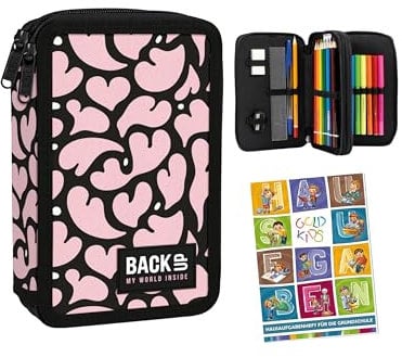 Goldkids - Federmäppchen 2 Fächer - Mäppchen für Mädchen - Federmappe 2-Fach Federtasche Gefüllte Schüleretui 32-teilig - Schulmäppchen und Hausaufgabenheft - Herz Motiv