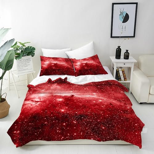 ANHOPE Weltraum Rot Galaxie Nebel Bettwäsche Set Microfaser Bettbezüge mit Reißverschluss 2 Teilig Bettbezug 135x200 cm + Kissenbezug 80x80 cm Weich Bettdeckenbezug Set für Kinder Jungen Mädchen