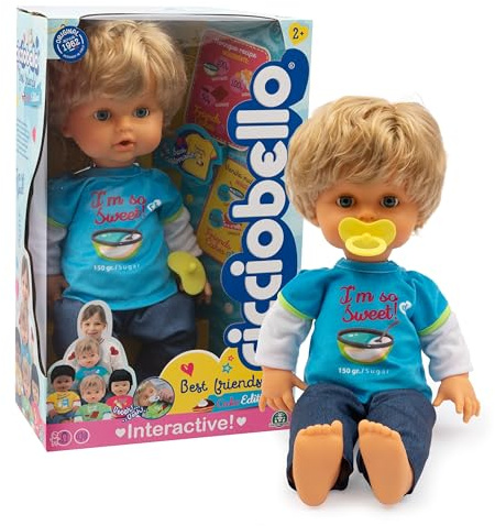 Cicciobello Best Friends - Cicciobello Puppe 42 cm mit Weinfunktion, Modell mit hellblauem T-Shirt mit Rezept auf der Rückseite, für Kinder ab 2 Jahren