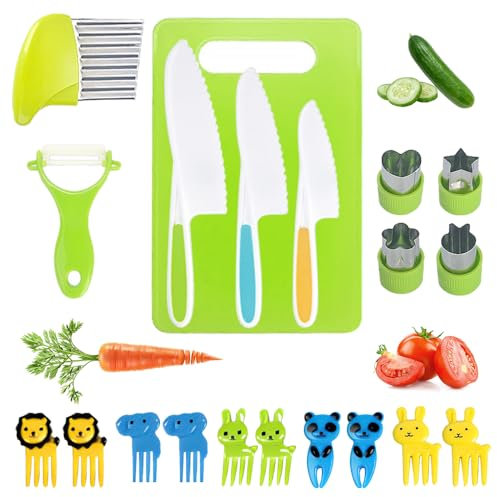 20-teiliges Kinder Messer Set,Kindersichere Küchenmesser zum Schneiden von Obst und Gemüse und zur Zubereitung von Beikost für Kleinkinder,Wellenschneider in 4 Größe,Kochset mit Ausstechformen
