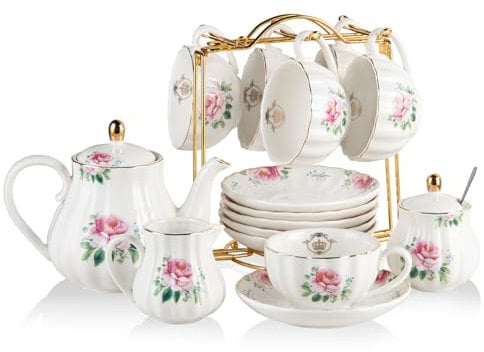 Sweejar Home Porcelain Tea Sets British Royal Series,Cups & Saucer Service for 6, with Teapot Cream Pitcher Teaspoons and Tea Strainer, Suitable for High Tea (Pink flowerC)