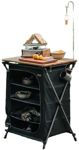 Armoire de camping pliante d'extérieur, avec trois étagères de rangement, table de camping en tissu polyester 600D avec dessus en bambou avec sac de transport et crochets latéraux pour barbecue, campi
