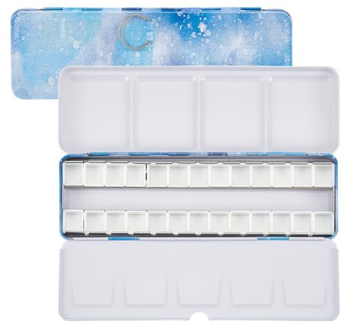 PH PandaHall Palette de Peinture Aquarelle Bleue Palette D'Aquarelle de Voyage Vide Boîte de Peinture en Métal avec Palette Pliante Plateau D'Aquarelle Palette avec 26 Demi Godets pour Peinture