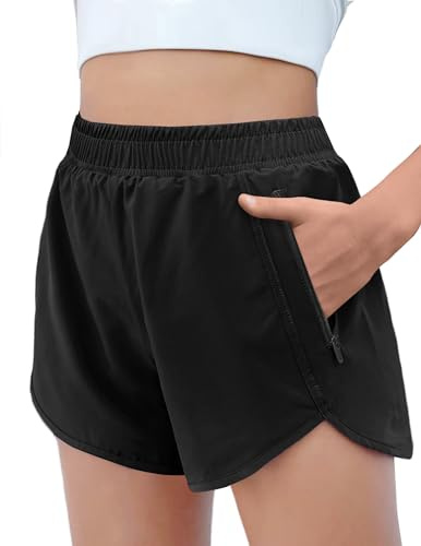 Arshiner Shorts Fille Noir Sport d'été Activewear Pantalons Court Pantalon d'entraînement pour Enfants avec Doublure en Maille Shorts de Cyclisme avec Poches Zippées 11-12 Ans
