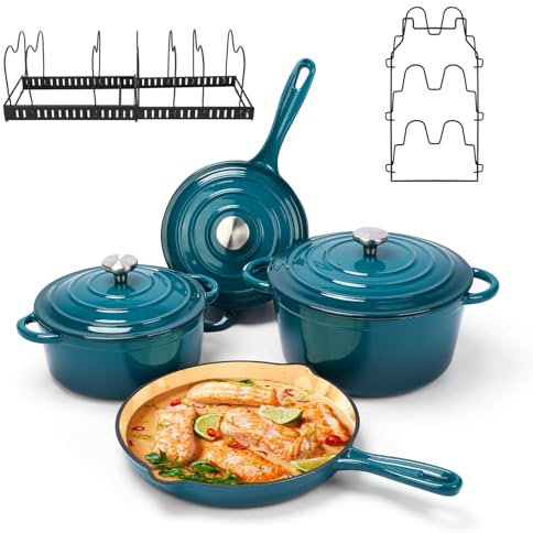 Denmay Enamel Cast Iron Pot Set with Lid, 7-Piece Dutch Oven and Casserole, Non-Stick Coating, for All Stove Types and Induction, Oven Safe, Cookware Set with Organizer, Cyan