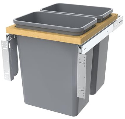 Double Pull Out Under Cabinet Trash Can with Double 35 Qt Garbage Bin Sliding Organizer for Kitchen Garbage Storage Grey for 15 x 1.5 Face Frame