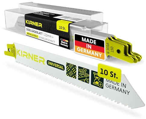 KIRNER Hojas de sierra sable para metal y madera, 150 mm, corte sin esfuerzo en madera y metal, 10 unidades, hojas de sierra sable universal de metal, con soporte universal a partir de 2,5 mm de