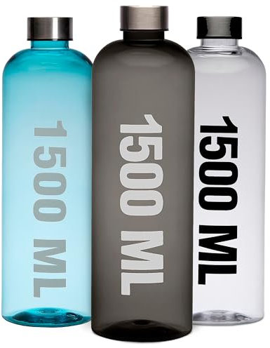 TIENDA EURASIA – Botella para Agua de 1500 ml | Tapa Roscada en Acero Inoxidable | Material: Poliestireno | Botella para Bebidas | Gran Capacidad | Libre de BPA (Gris)