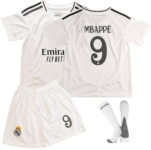 Oirigaga Fussball Trikot Kinder Set, Madrid-Heim Nr.9 Fußballtrikot für Jungen Mädchen von 12-13 Jahren, Atmungsaktives und Schnelltrocknendes Fußball Trainingstrikot mit Kurzarm Shorts Socken, Weiß