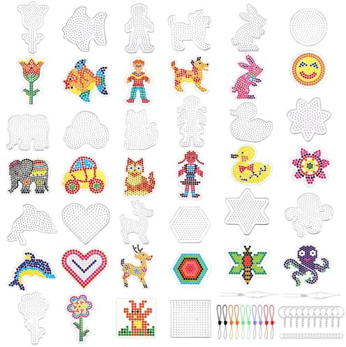 Pmueuff 20 Plantilla de Placas de Cuentas, 5MM Pegboards de Perlas de Planchar con 20 Tarjetas de Colores, 4 Pinzas, 10 Cuerda Colgante Soportes de Cuentas para Planchar para Manualidades Infantiles