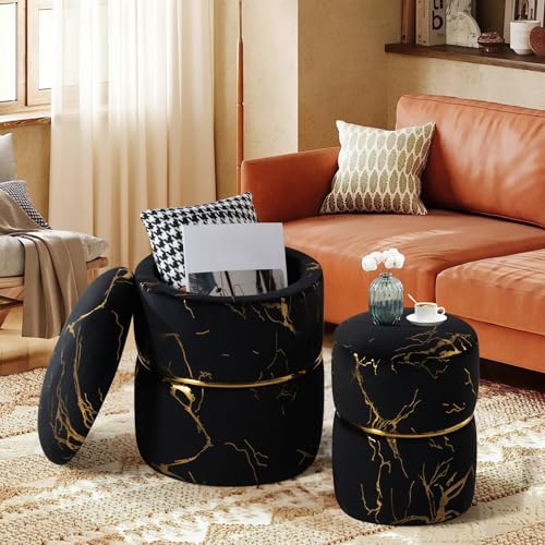 Ckaff Lot de 2 Tabouret de Rangement, Tabouret Repose Pied avec Rangement, Pouf Rangement Ottoman Maquillage en Velours pour Chambre à Coucher Coiffeuse Salon Chambre Bureau Entrée, Noir