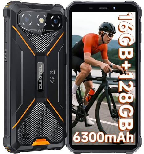 OUKITEL G3 Smartphone Incassable - 16GB+128GB(1TB) 6300mAh Téléphone Incassable Écran 6 HD+ IPS Corning Glass 5 Incassable Android 14,13MP+5MP IP68/69K Dual 4G SIM/Jack 3,5mm/OTG/GPS/Face ID,Orange