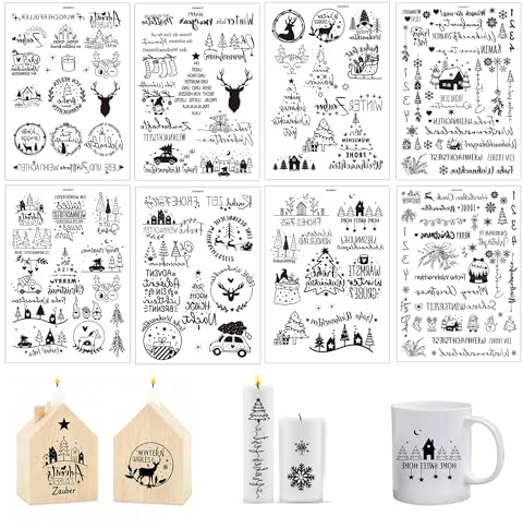8 Blätter Rub On Sticker, 21x15cm Kerzentattoos weihnachten, Schwarz Transferaufkleber Folie, für Weihnachten Geschenk, DIY Handwerk, für Adventskerzen, Tasse, Keramik