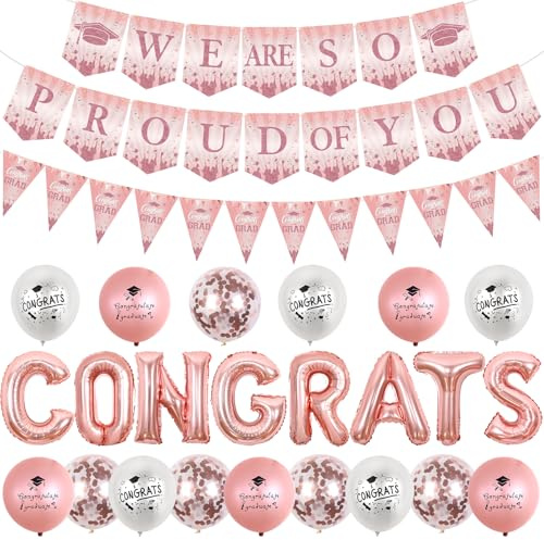 Funmemoir Abschlussdekorationen Roségold - We are so Proud of You Banner, Congrats Grad Wimpelkette Banner, Congrats Folienballons für Klasse 2026 Glückwunsch Abschluss Well Done Party Decor