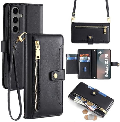 betterfon Handykette kompatibel mit Samsung Galaxy S25 FE | Leder Handyhülle mit Kartenfächern | Handyhülle zum Umhängen | Schwarz