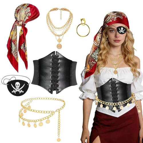 Vibbang 6 Stück Piratenkostüm Damen Zubehör, Pirate Accessories | mit Piraten KopftuchTaillenkette Gürtel Ohrringe Halskette Augenklappe Pirat, Anime Cosplay für Karneval Cosplay Mottoparty