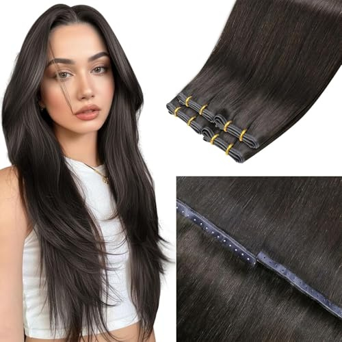 LaaVoo Dunkelbraun Butterfly Weft Extensions Echthaar #2 50g 45cm | Butterfly Weft Extensions Echthaar Doppelseitige Salonqualität mit Mikroperlen PU OVO Weft Haarverlängerungen Unsichtbar