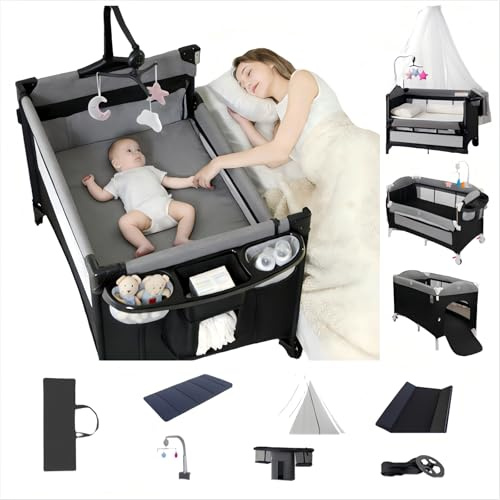Aveainelle Pack und Play Baby-Reisebett, Faltbare und Umwandelbare Babywiege, Verstellbare Babywiege, Beistellbett für Kleinkinder mit Moskitonetz (Grau Mit Netz)