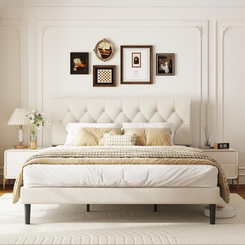 viplov Bett 180 x 200cm Doppelbett, Polsterbett180 x 200 mit Lattenrost, mit Kopfteil Bettgestell,Einfache Montage,modern,Beige