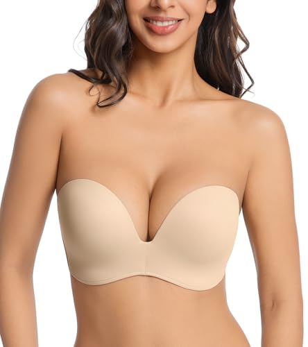 Curyon Women's Strapless Push Up Bra Anti-Slip Seamless Wireless Lift Support Invisible Bra Beige 34DD