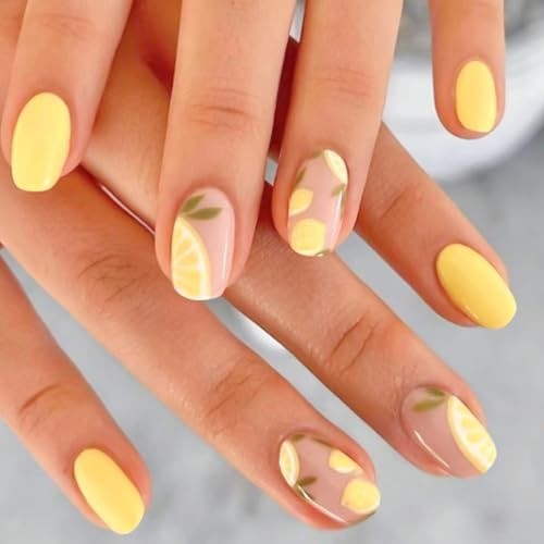 Short Oval Yellow False Nails - 24Pcs Almond Press On Nails with Lemon Slice Accent - Fruity French Tip Fake Nails with Glue - Natural Glossy Full Cover Acrylic Stick on Nail for Women Nail Art Summer