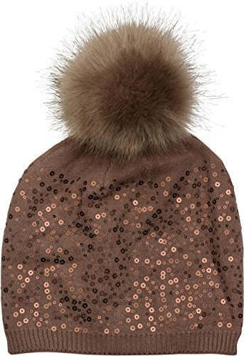 styleBREAKER Feinstrick Bommelmütze mit Pailletten und abnehmbarem Kunstfell Bommel, Fellbommel Mütze, Damen 04024134, Farbe:Braun