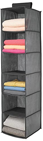 mDesign hängender Stoffschrank aus Kunstfaser – 6 Regalfächer – Hängeschrank aus Stoff für das Schlafzimmer – perfekt auch als Hängeregal für Kleidung, Gürtel, Clutches – grau und schwarz