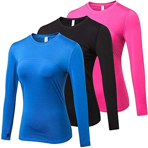 Yuerlian 3 Pack Womens Long Sleeve Performance Base Layer Running Training Top, L, Blue+black+pink