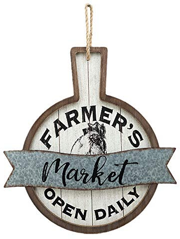 PARISLOFT Farmer's Market Open Daily Holz- und Metall-Schilder, rustikales Bauernhaus-Küchen-Holzschild, Wanddekoration, 45 x 1,3 x 48 cm