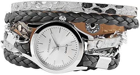 Excellanc Damen-Uhr Kunstleder Metall Wickelarmband Druckknopf 1900180 (grau silberfarbig)