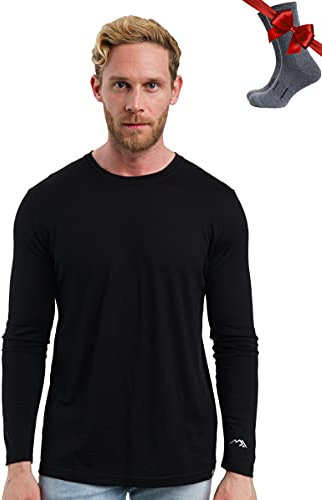 Merino.tech 100% Merino Unterwäsche Herren - Merino Langarmshirt Herren Atmungsaktiv Und Feuchtigkeitsableitend + Wollsocken (165 Black, Medium)